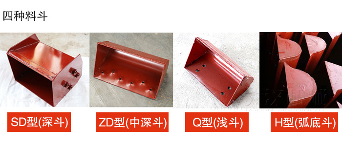 四种料斗Q型(浅斗)、H型(弧底斗)、ZD型(中深斗)SD型(深斗)展示图